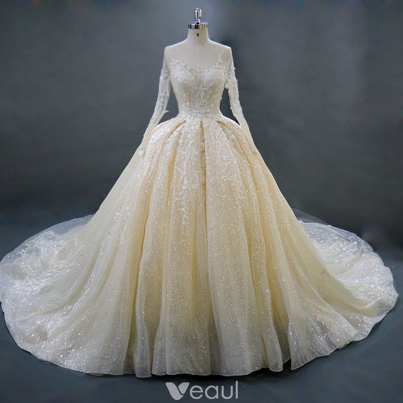 Luxury Gorgeous Champagne Wedding Dresses 2018 Ball Gown Beading Crystal Lace Flower V Neck Long Sleeve Backless Royal Train Wedding 800x800